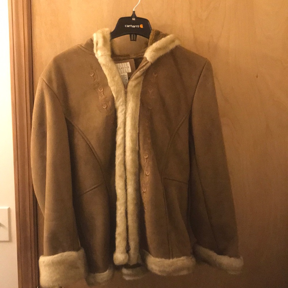 Ladies Coat Faux Suede with embellished Fur Trim